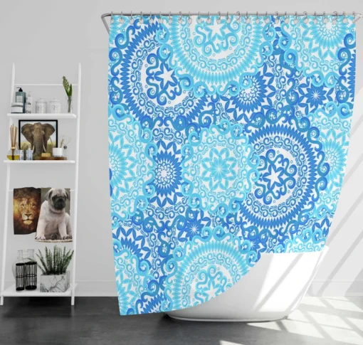 Blue Ice Blue Mandala Circle Pattern Shower Curtain