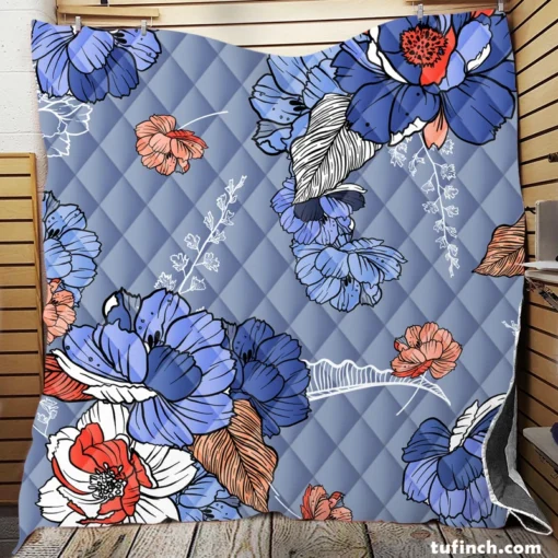 Blue Itoh Peony Flower Quilt Blanket