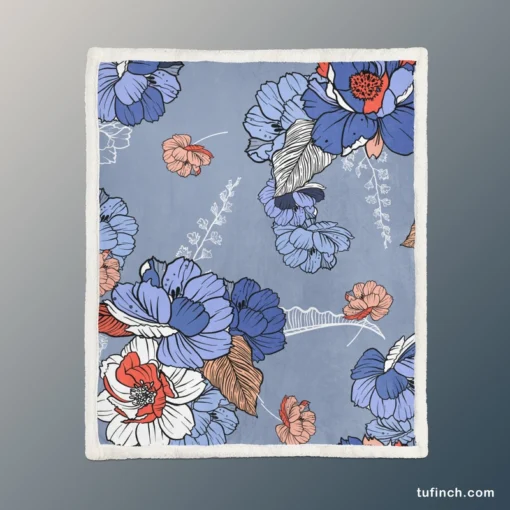 Blue Itoh Peony Flower Sherpa Fleece Blanket 1