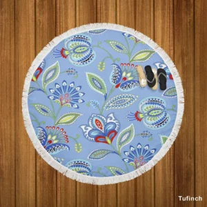 Blue Jacobean Floral Round Beach Towel