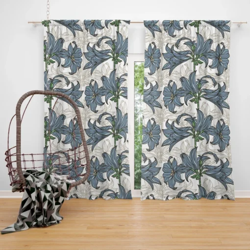 Blue Lily Floral Design Curtain