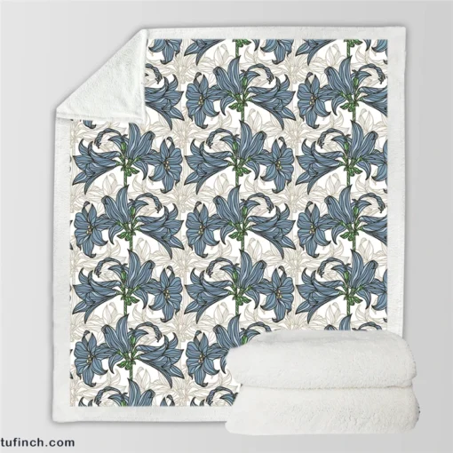 Blue Lily Floral Design Sherpa Fleece Blanket