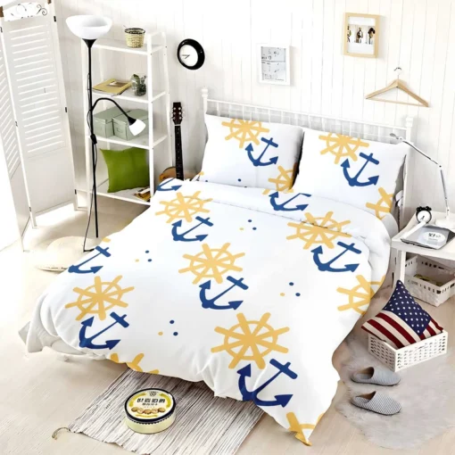 Blue Marine Anchor Yellow Wheel Bedding Set