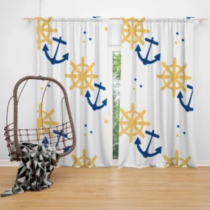 Blue Marine Anchor Yellow Wheel Curtain