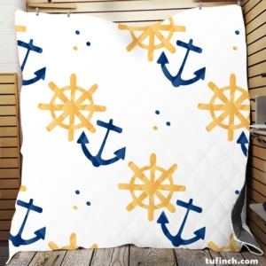 Blue Marine Anchor Yellow Wheel Quilt Blanket