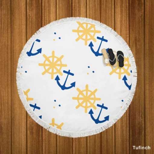 Blue Marine Anchor Yellow Wheel Round Beach Towel