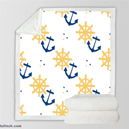 Blue Marine Anchor Yellow Wheel Sherpa Fleece Blanket