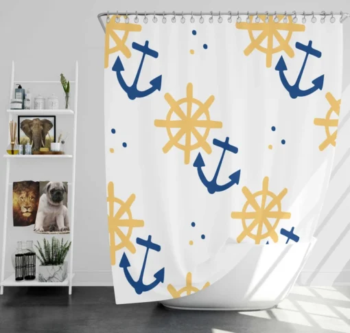 Blue Marine Anchor Yellow Wheel Shower Curtain