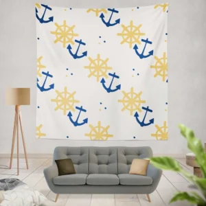 Blue Marine Anchor Yellow Wheel Wall Tapestry