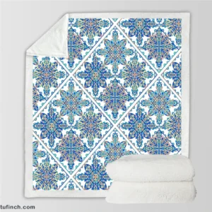 Blue Moroccan Traditional Design Sherpa Fleece Blanket