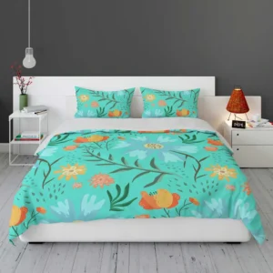 Blue Orange Botanical Flowers Bedding Set 1