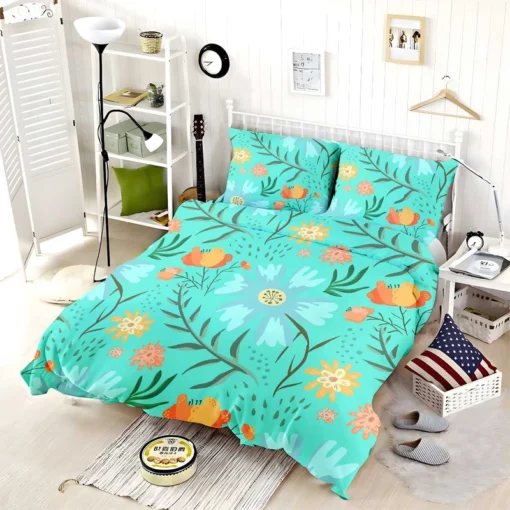 Blue Orange Botanical Flowers Bedding Set