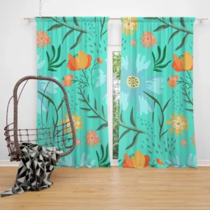 Blue Orange Botanical Flowers Curtain