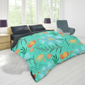 Blue Orange Botanical Flowers Duvet Cover 1