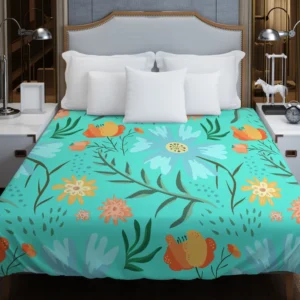 Blue Orange Botanical Flowers Duvet Cover