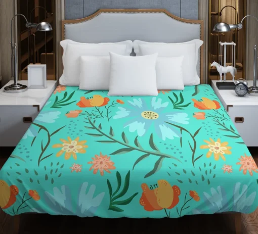 Blue Orange Botanical Flowers Duvet Cover