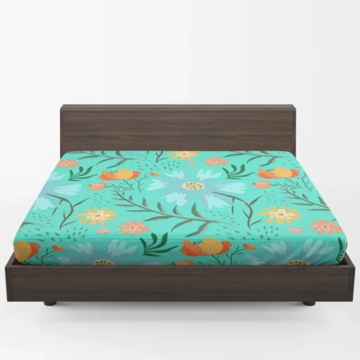 Blue Orange Botanical Flowers Fitted Sheet 1