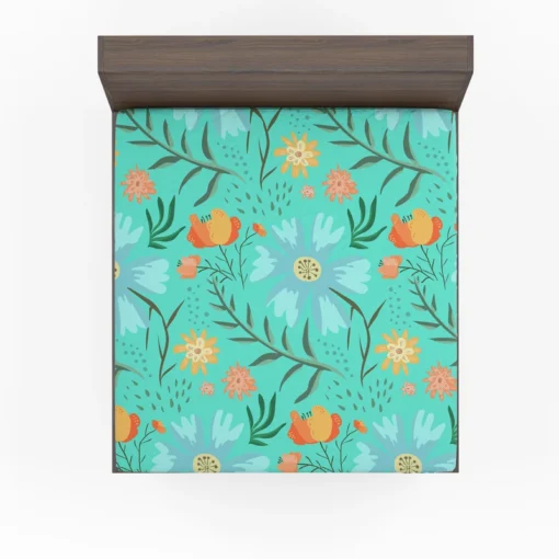 Blue Orange Botanical Flowers Fitted Sheet