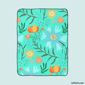 Blue Orange Botanical Flowers Fleece Blanket 1