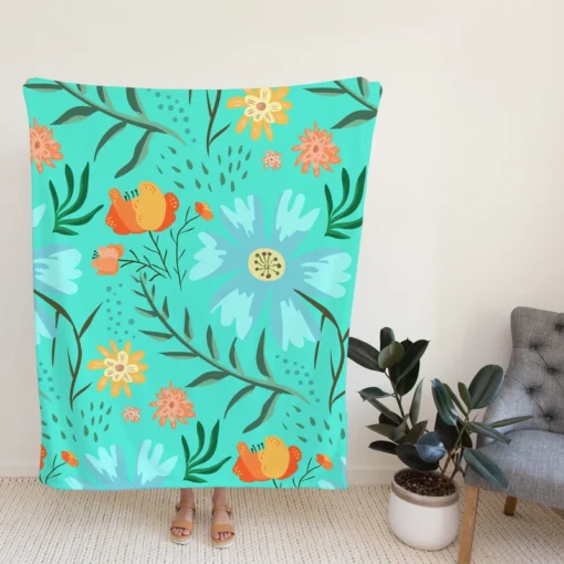 Blue Orange Botanical Flowers Fleece Blanket