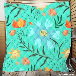 Blue Orange Botanical Flowers Quilt Blanket