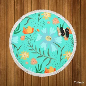 Blue Orange Botanical Flowers Round Beach Towel