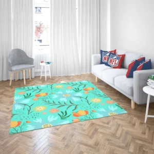 Blue Orange Botanical Flowers Rug 2