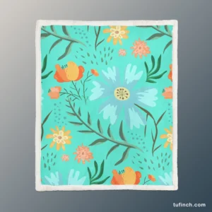 Blue Orange Botanical Flowers Sherpa Fleece Blanket 1