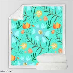 Blue Orange Botanical Flowers Sherpa Fleece Blanket