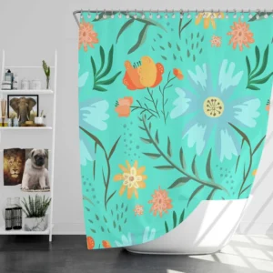 Blue Orange Botanical Flowers Shower Curtain