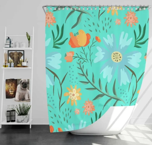 Blue Orange Botanical Flowers Shower Curtain