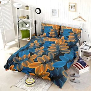 Blue Orange Foliage Pattern Bedding Set