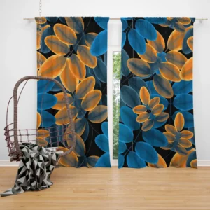 Blue Orange Foliage Pattern Curtain