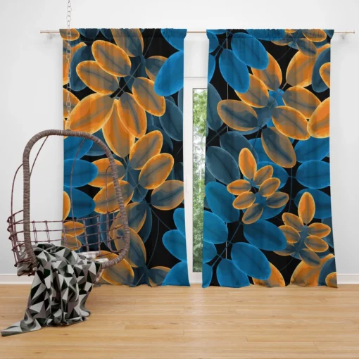 Blue Orange Foliage Pattern Curtain