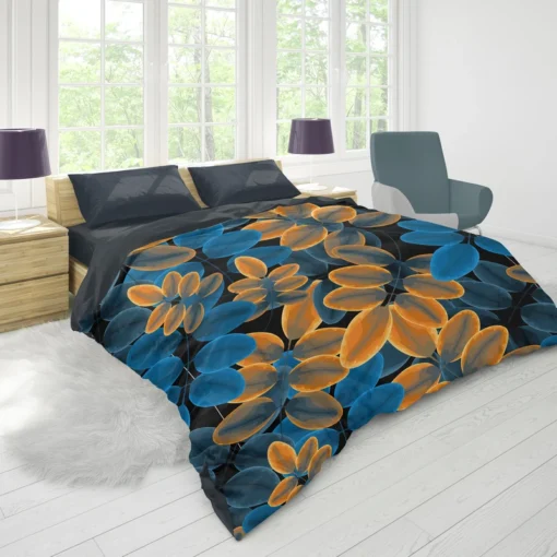 Blue Orange Foliage Pattern Duvet Cover 1