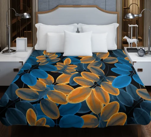 Blue Orange Foliage Pattern Duvet Cover