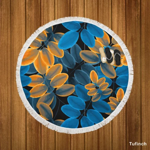 Blue Orange Foliage Pattern Round Beach Towel