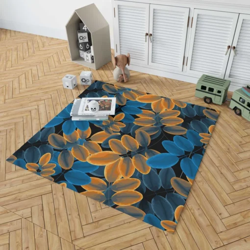 Blue Orange Foliage Pattern Rug 1