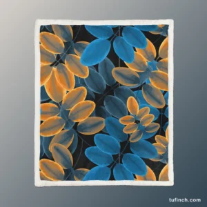 Blue Orange Foliage Pattern Sherpa Fleece Blanket 1