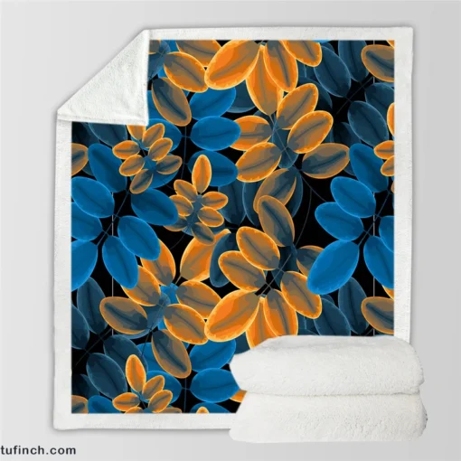 Blue Orange Foliage Pattern Sherpa Fleece Blanket