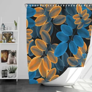 Blue Orange Foliage Pattern Shower Curtain