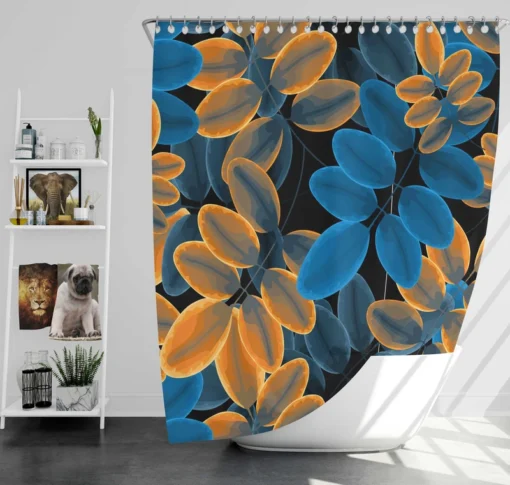 Blue Orange Foliage Pattern Shower Curtain