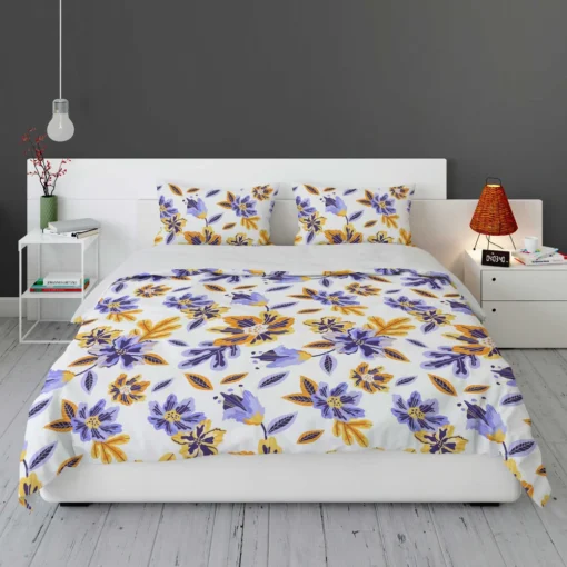 Blue Orange Small Floral Pattern Bedding Set 1