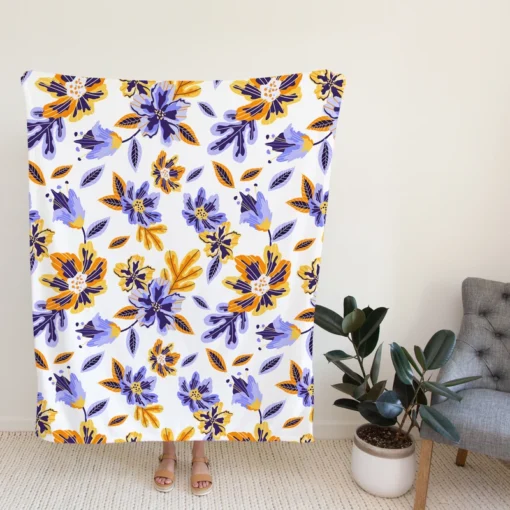 Blue Orange Small Floral Pattern Fleece Blanket