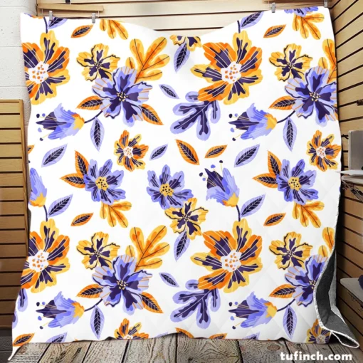 Blue Orange Small Floral Pattern Quilt Blanket