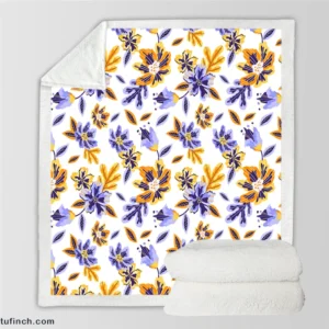 Blue Orange Small Floral Pattern Sherpa Fleece Blanket