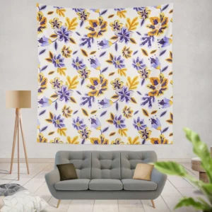 Blue Orange Small Floral Pattern Wall Tapestry