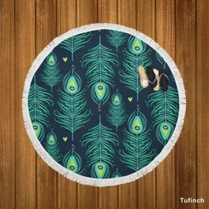 Blue Peacock Feather Design Round Beach Towel