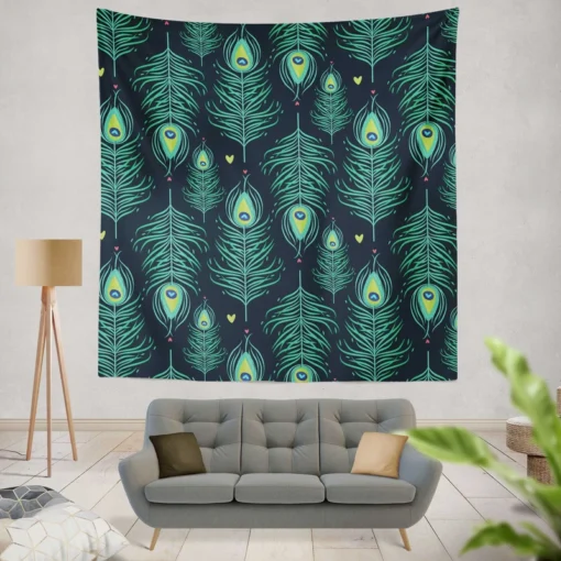 Blue Peacock Feather Design Wall Tapestry