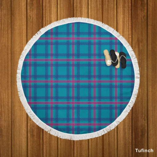 Blue Pink Checkered Pattern Round Beach Towel